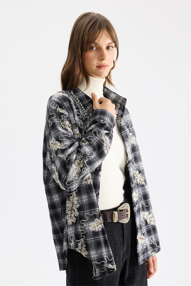 ON TRİKO Ekose Desenli Nakışlı Gömlek 10397