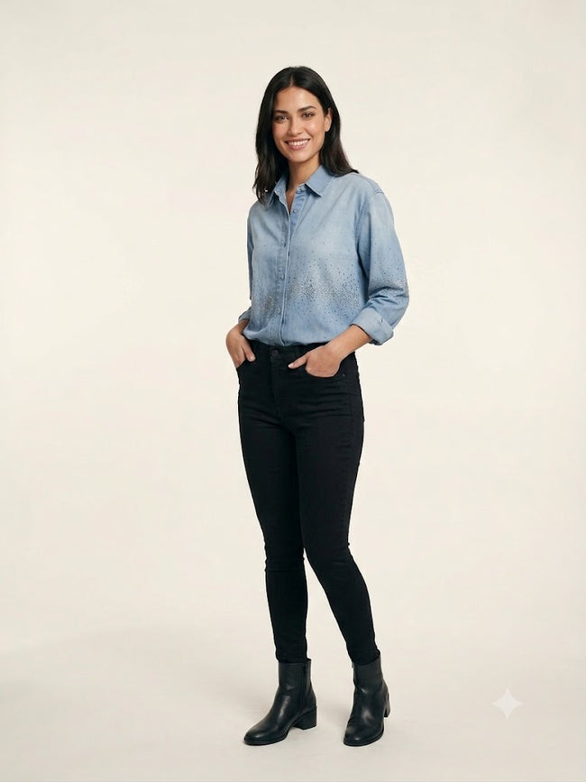 ASSO Taş İşlemeli Mavi Denim Gömlek 2582