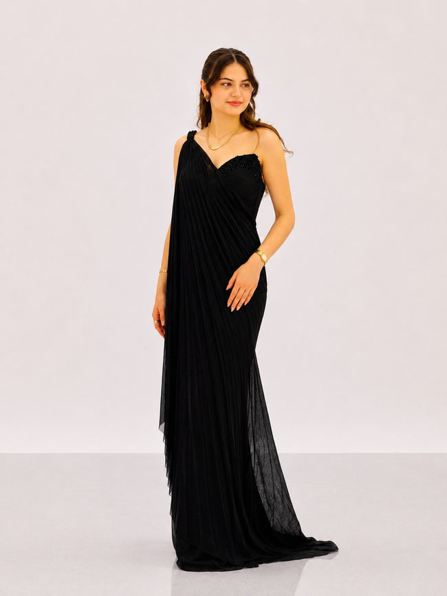 FOR COSTUME Tek Omuz Pileli Taş İşlemeli Abiye Elbise 10204