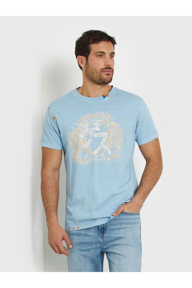 GUESS Erkek Açık Mavi Baskılı Bisiklet Yaka Pamuklu Kısa Kollu T-Shirt M4GI22K8FQ4