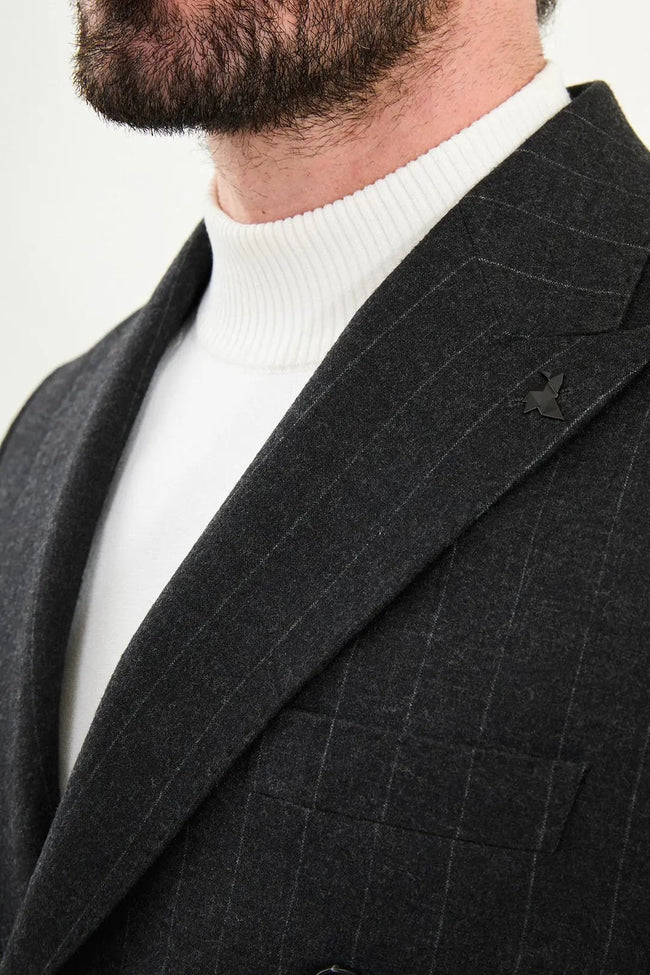 CENTİLMEN Çizgili Slim Fit Geniş Yaka Kruvaze Yün Erkek Ceket 41476