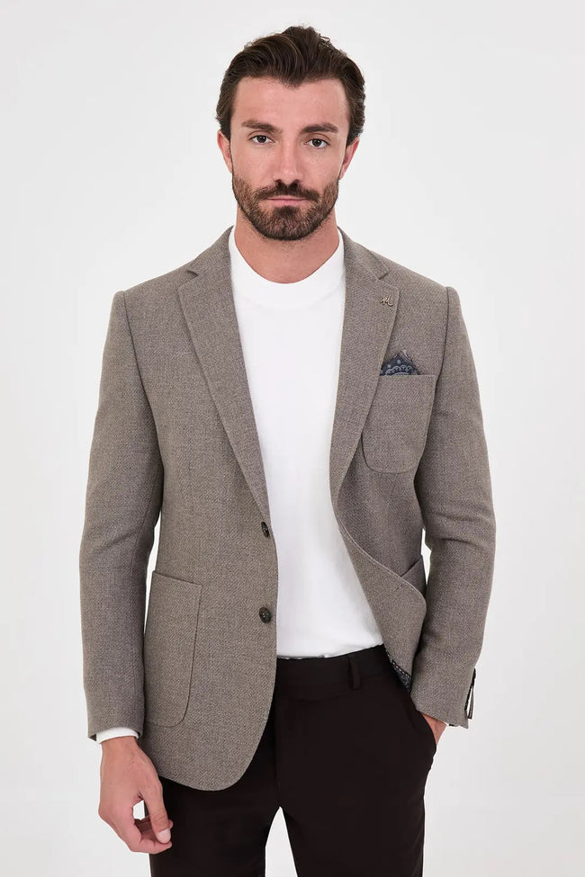 CENTİLMEN Dokulu Slim Fit Mono Yaka Torba Cep Premium Yün Karışımlı Erkek Ceket 44326