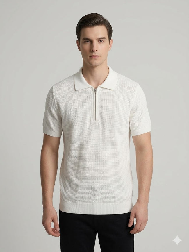 VAGANZA Fermuarlı Polo Yaka Dokulu Kısa Kollu Triko T-Shirt 4083