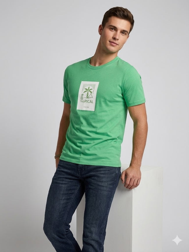 XINT Erkek Yeşil Tropical Baskılı Bisiklet Yaka Basic T-Shirt 502096