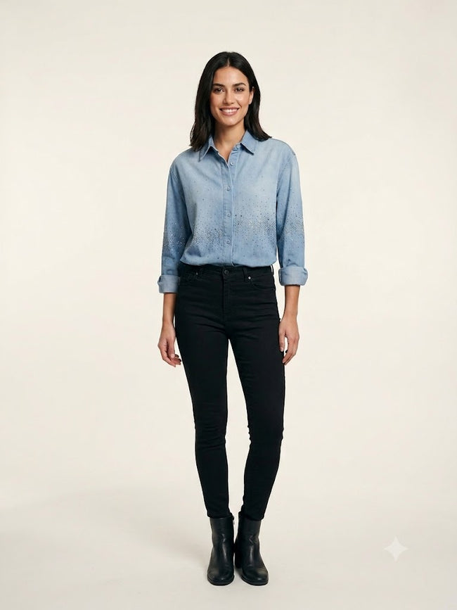 ASSO Taş İşlemeli Mavi Denim Gömlek 2582