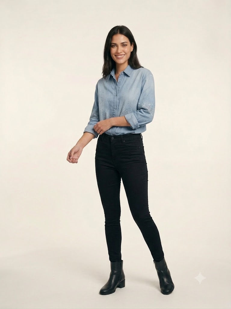 CENTİLMEN Taş İşlemeli Mavi Denim Gömlek 2582