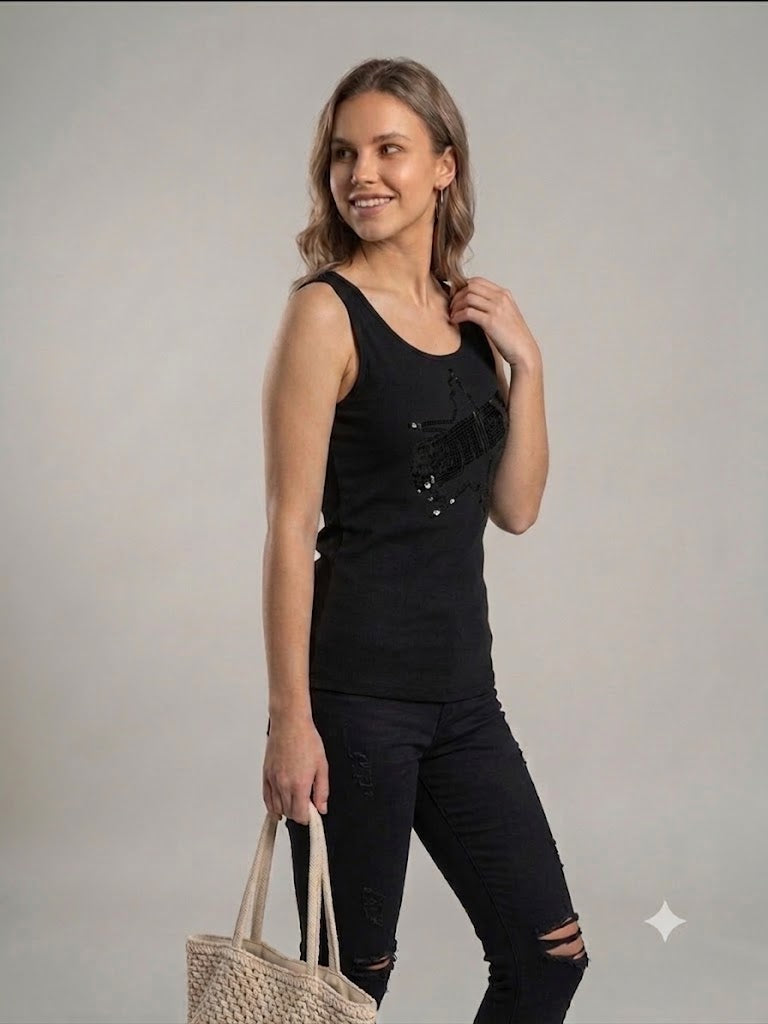 DAİDO Yıldız Nakışlı Pul Payetli Kadın Atlet Bluz 04829