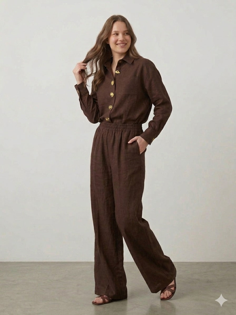 DOSSO DOSSİ PHARDİ  Tasarım Düğmeli Keten Casual İkili Takım 7354