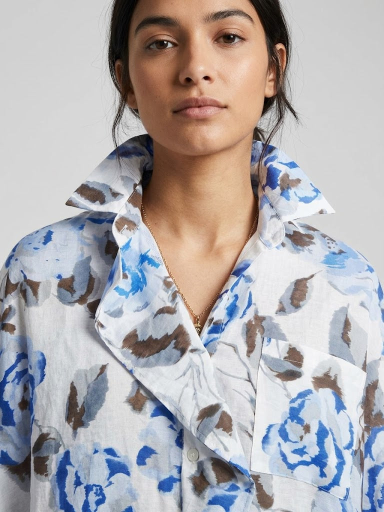 DOSSODOSSİ ARAS Mavi Çiçek Desenli Oversize Gömlek 12748