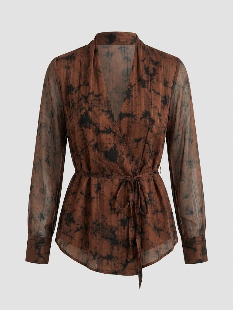 EKOL Batik Desenli Kruvaze Bağlamalı Şifon Bluz 1025