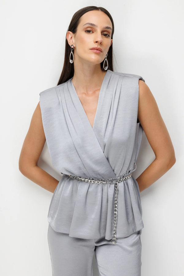 EKOL Beli Zincirli Drapeli Bluz 2428