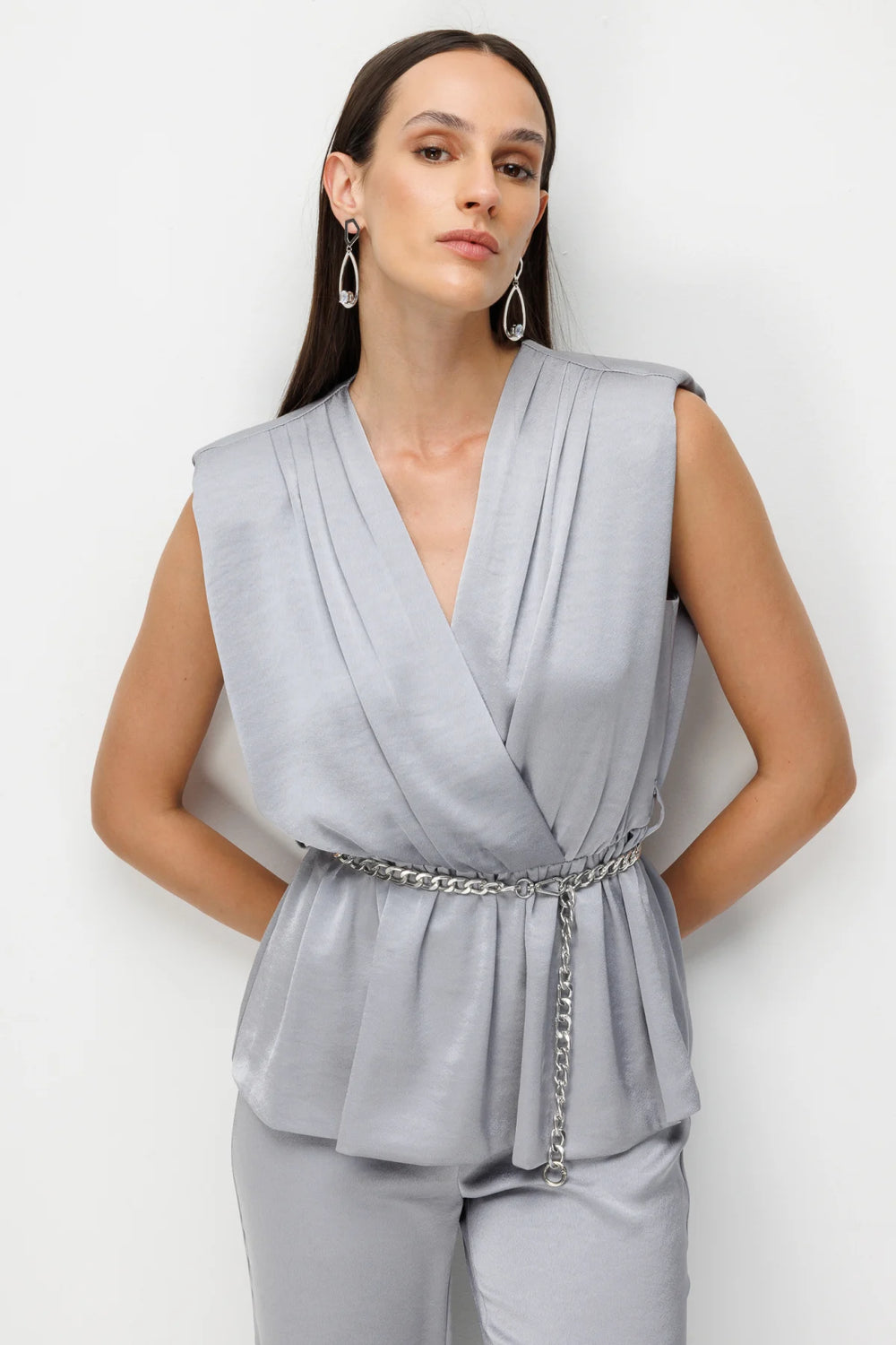 EKOL Beli Zincirli Drapeli Bluz 2428