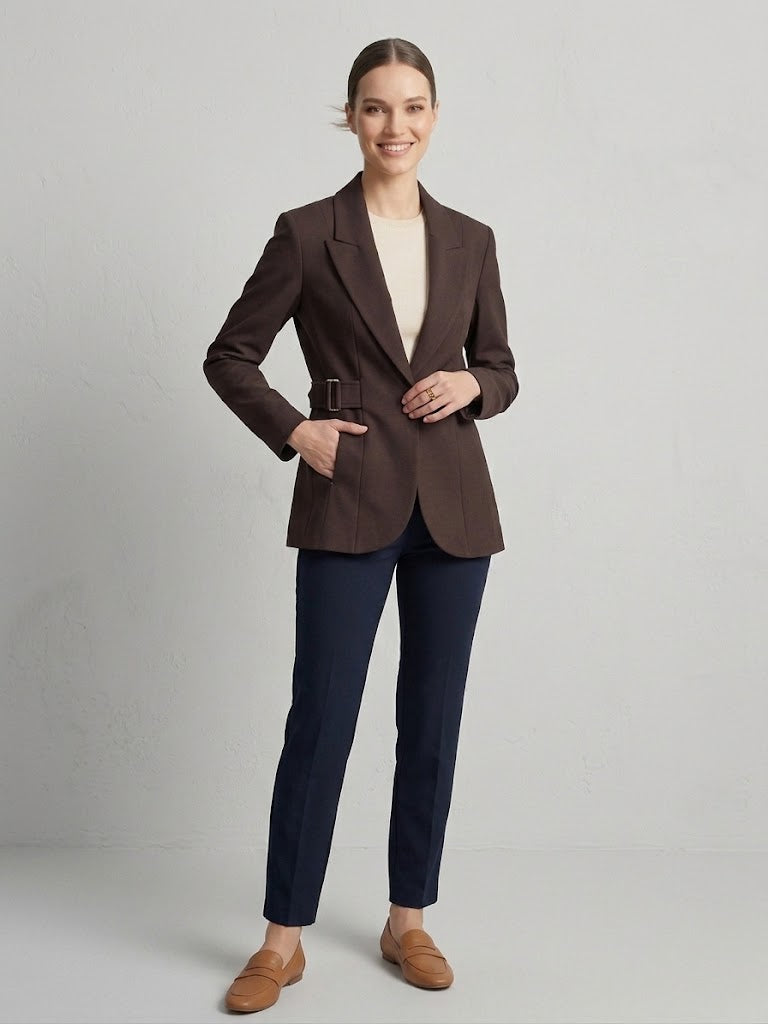 EKOL  Yan Kemer Detaylı Tek Düğme Kruvaze Yaka Şık Blazer Ceket 4169
