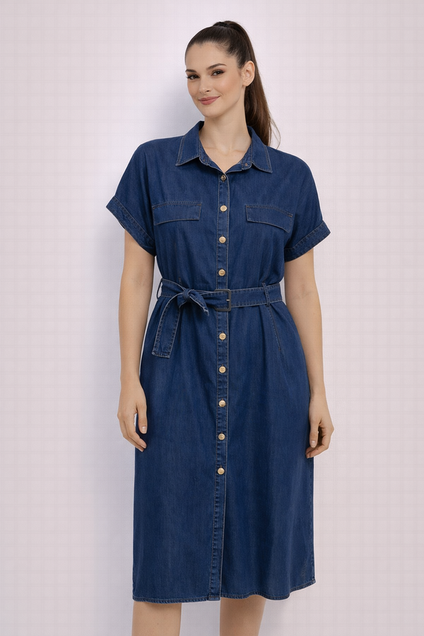 EKOL Beli Kemerli Midi Boy Elbise 6542