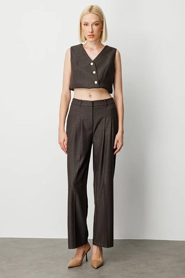 EKOL Çizgi Desenli Wide Leg Pantolon 5111