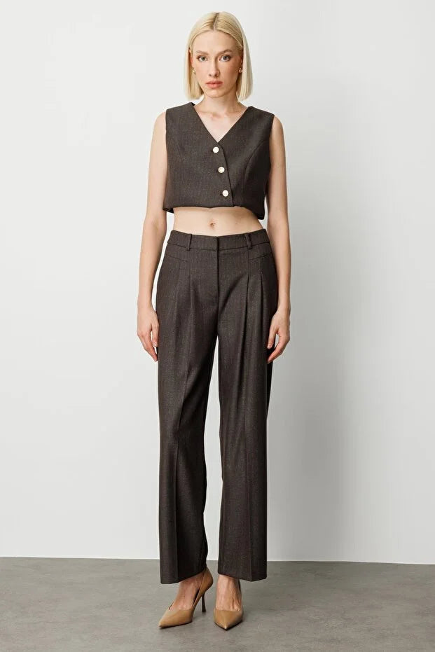 EKOL Çizgi Desenli Wide Leg Pantolon 5111