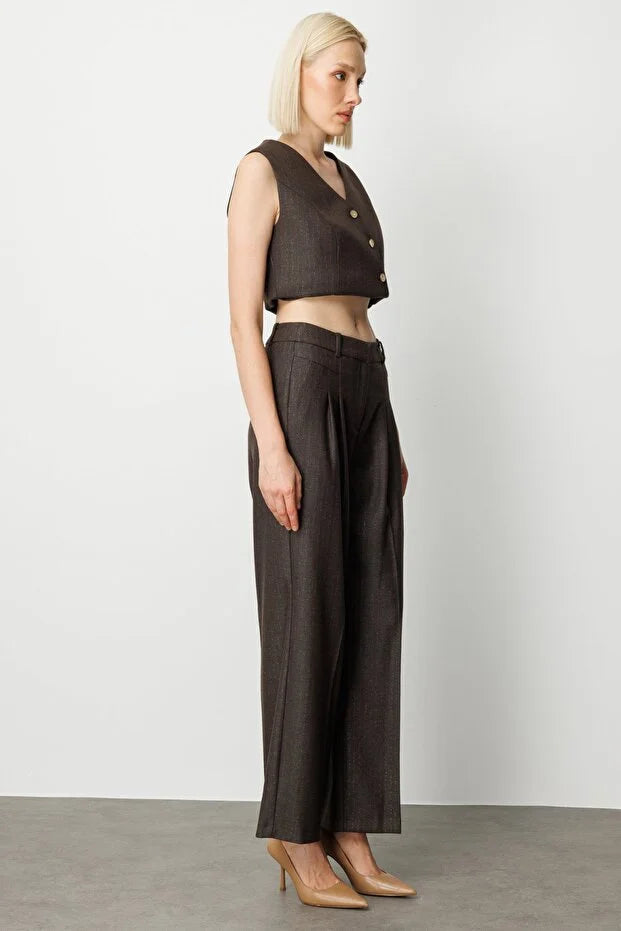 EKOL Çizgi Desenli Wide Leg Pantolon 5111