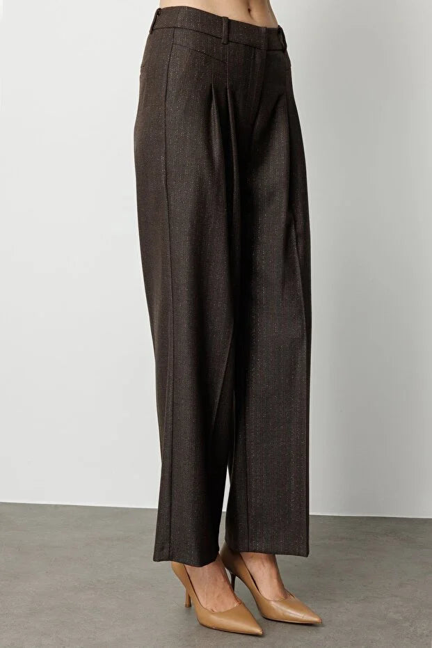 EKOL Çizgi Desenli Wide Leg Pantolon 5111