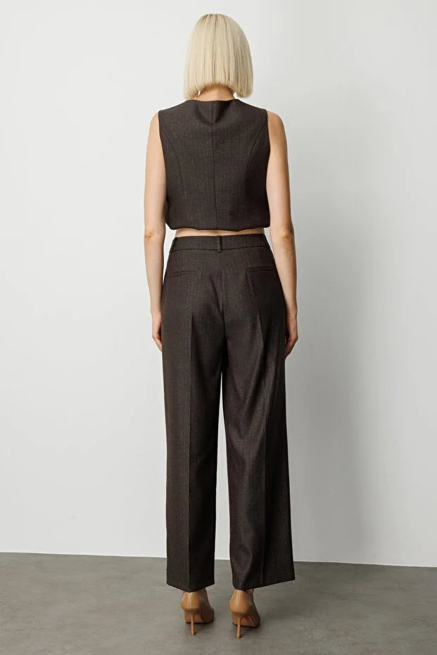 EKOL Çizgi Desenli Wide Leg Pantolon 5111