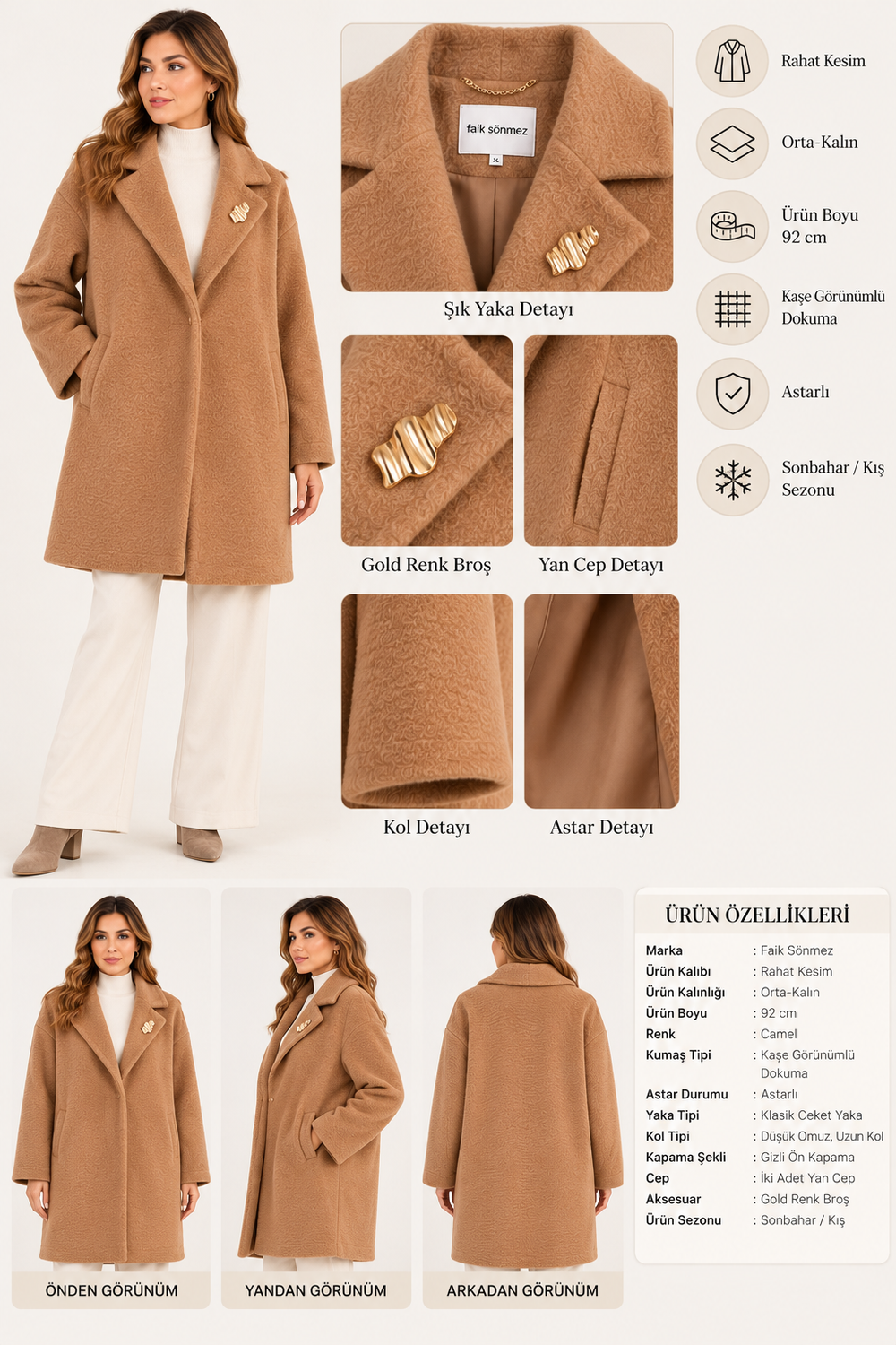 CENTİLMEN Kadın Camel Kaşe Kaban  007