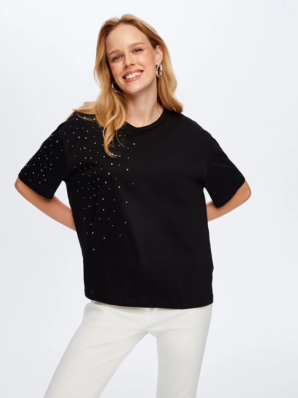 FAİK SÖNMEZ Taş Detaylı Yuvarlak Yaka Pamuklu T-shirt TSH051