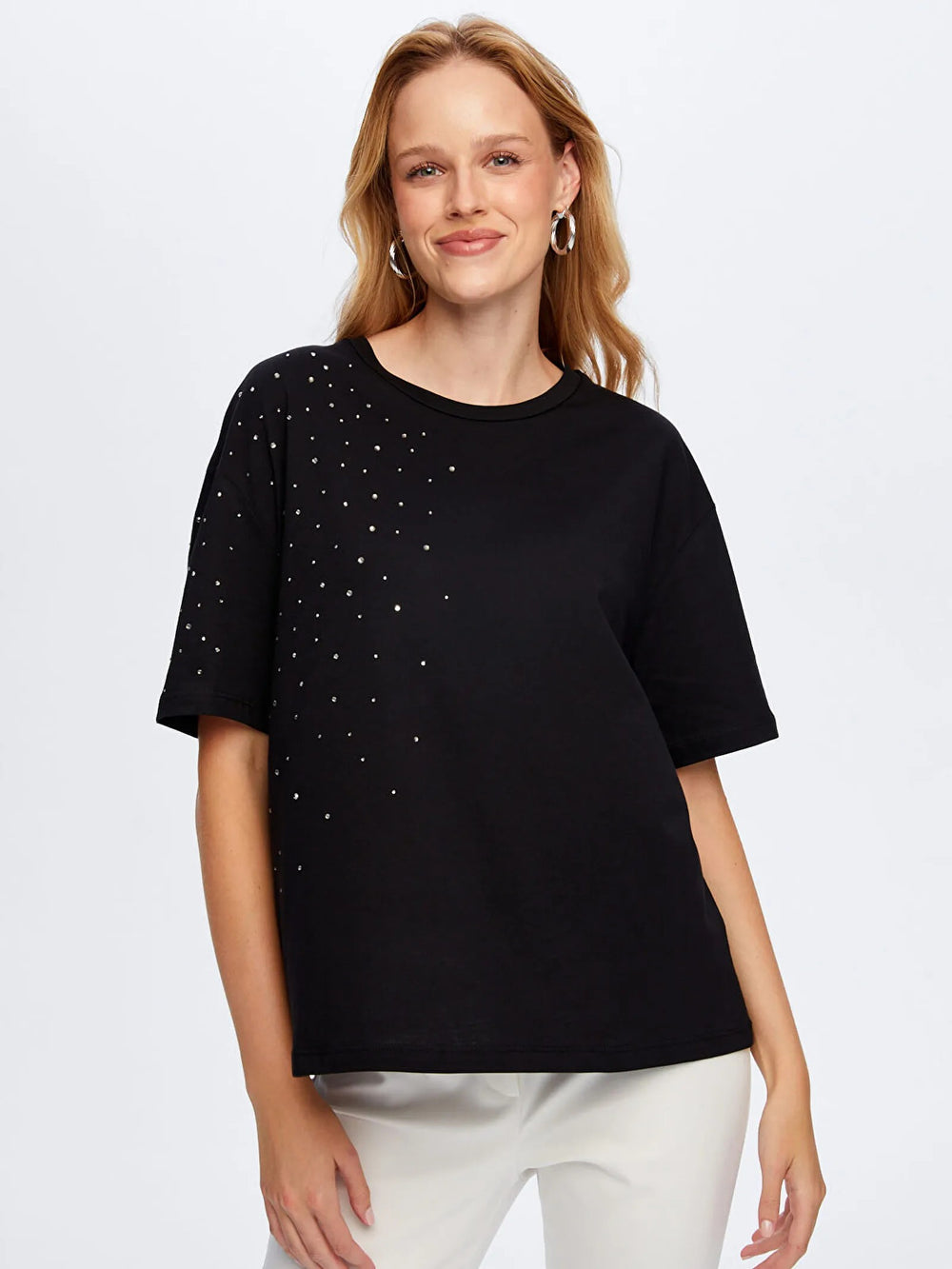FAİK SÖNMEZ Taş Detaylı Yuvarlak Yaka Pamuklu T-shirt TSH051