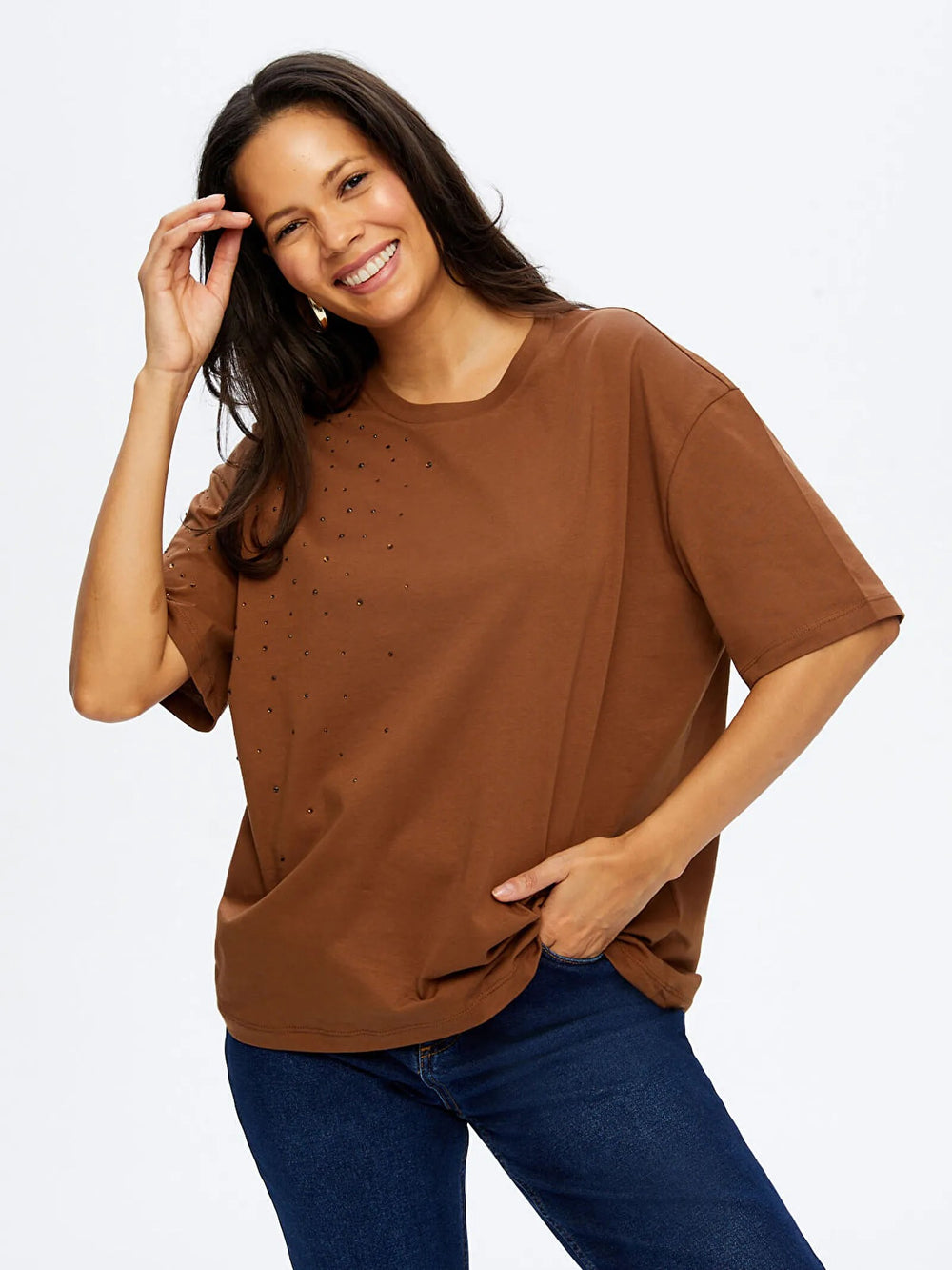 FAİK SÖNMEZ Taş Detaylı Yuvarlak Yaka Pamuklu T-shirt TSH051