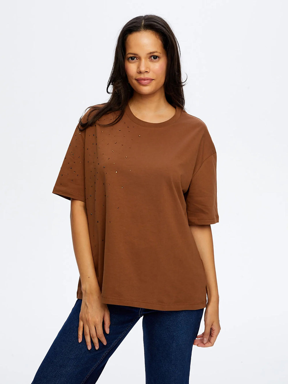 FAİK SÖNMEZ Taş Detaylı Yuvarlak Yaka Pamuklu T-shirt TSH051