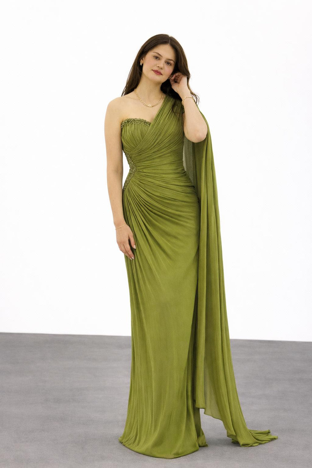FOR COSTUME Kol Detaylı Yarım Straplez Abiye Elbise 0799
