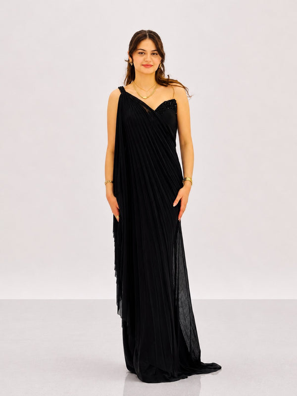 FOR COSTUME Tek Omuz Pileli Taş İşlemeli Abiye Elbise 10204