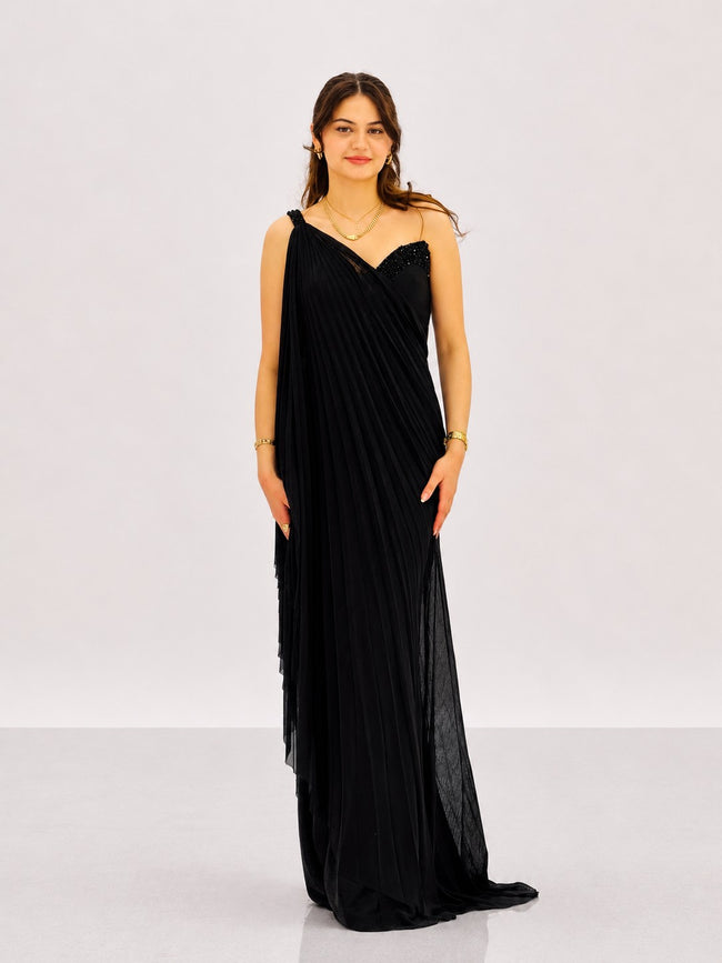 FOR COSTUME Tek Omuz Pileli Taş İşlemeli Abiye Elbise 10204