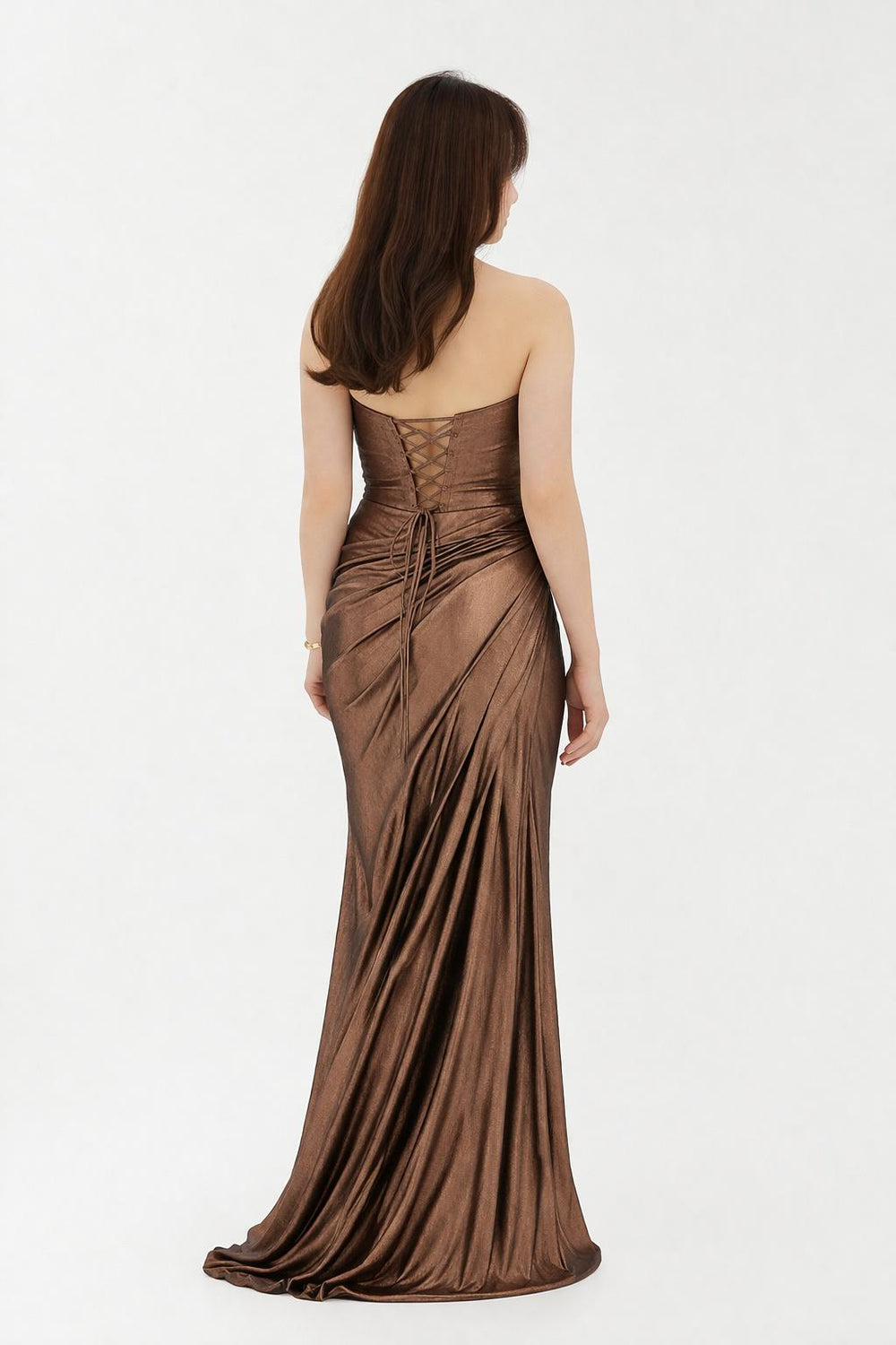 FOR COSTUME Bronz Metalik Görünümlü Tek Omuz Drapeli Abiye 10370