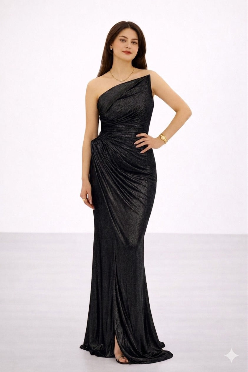 FOR COSTUME Bronz Metalik Görünümlü Tek Omuz Drapeli Abiye 10370