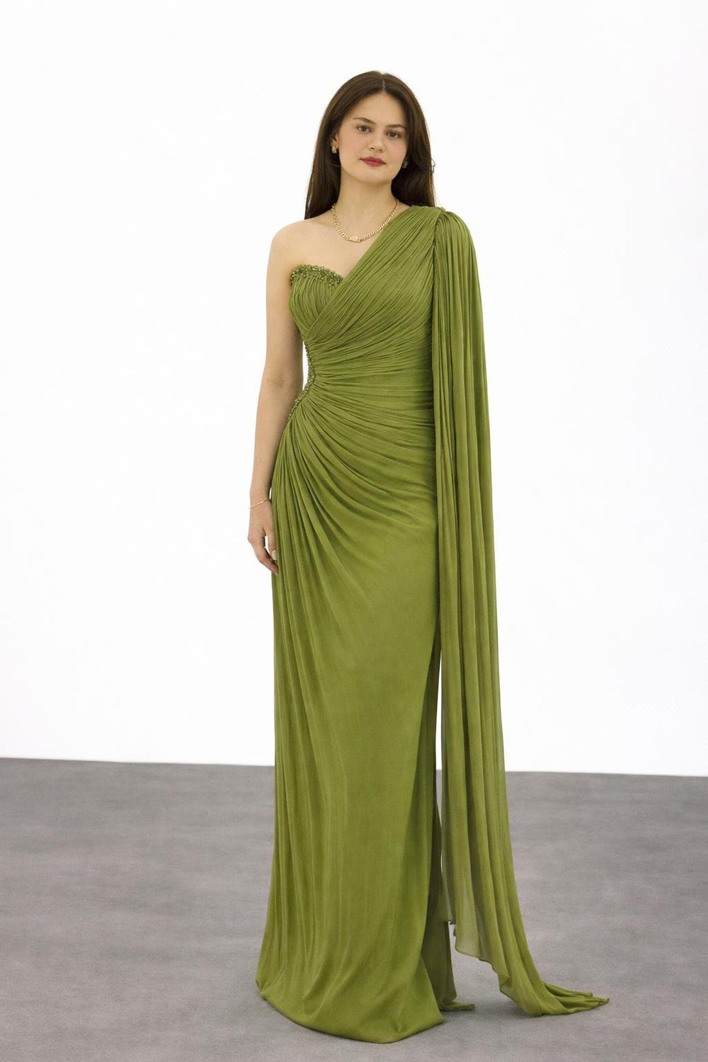 FOR COSTUME  Kol Detaylı Yarım Straplez Abiye Elbise 9811
