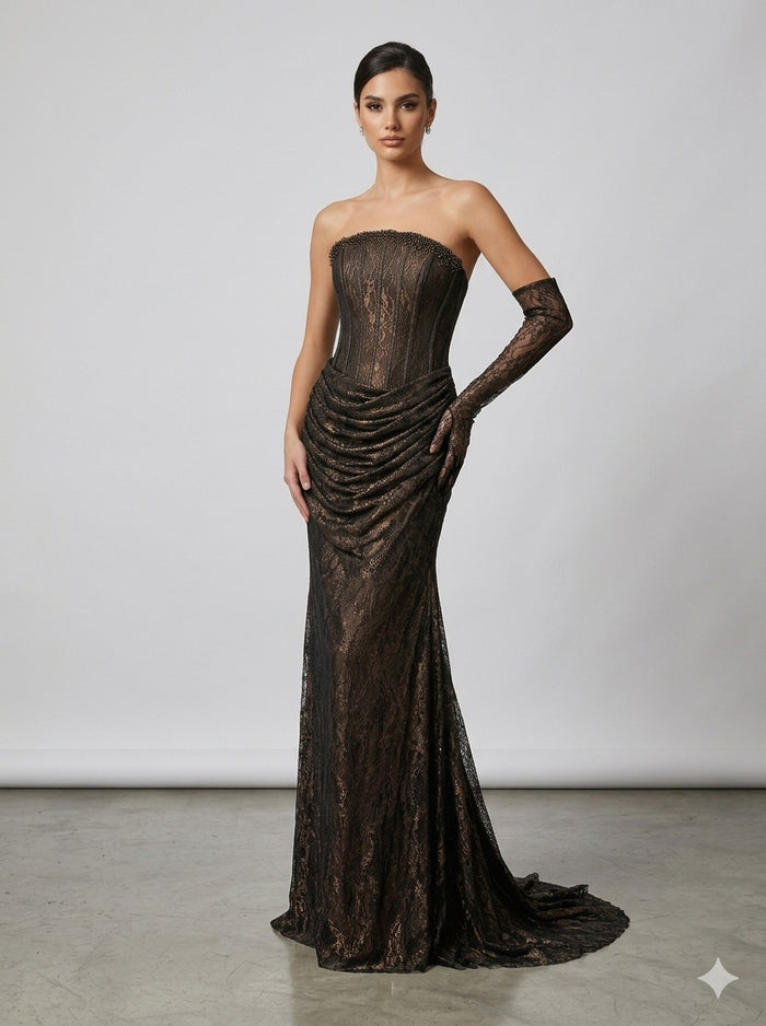 FOR COSTUME Bronz Işıltılı Dantel Korseli Abiye  9892
