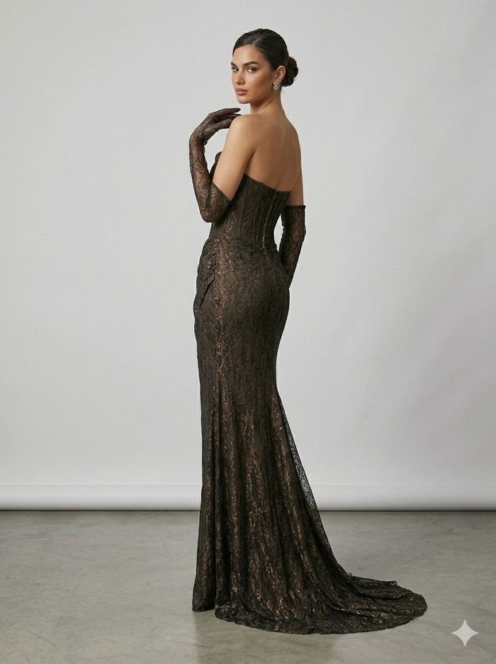 FOR COSTUME Bronz Işıltılı Dantel Korseli Abiye  9892