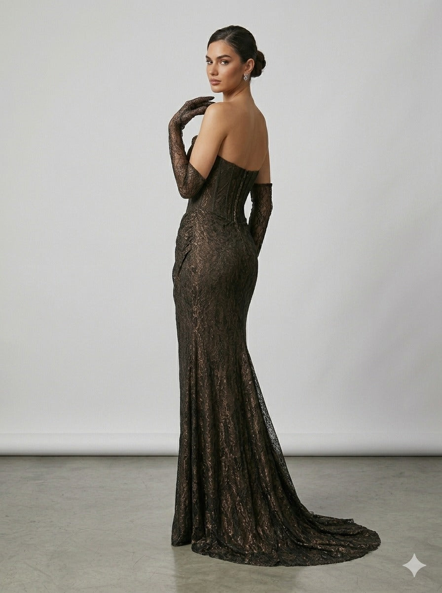 FOR COSTUME Bronz Işıltılı Dantel Korseli Abiye  9892