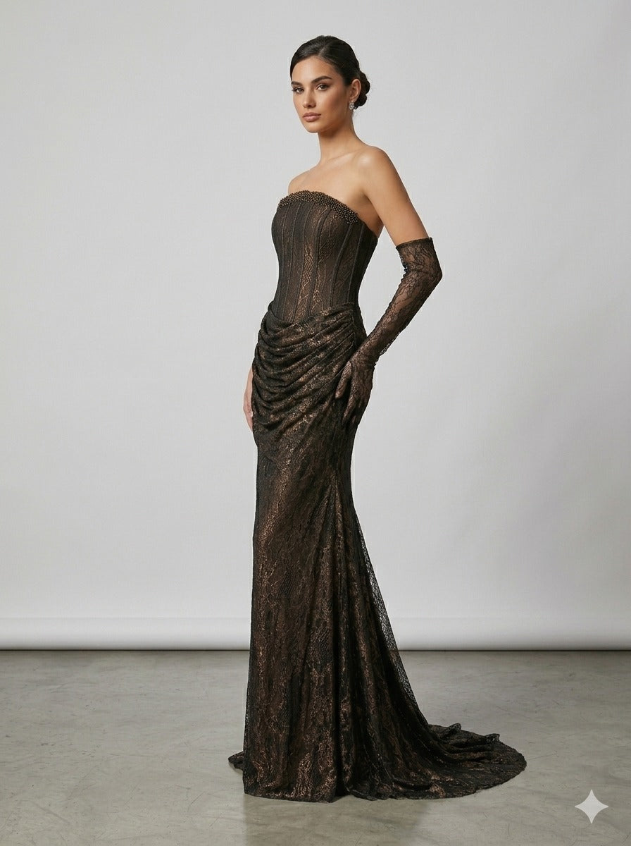 FOR COSTUME Bronz Işıltılı Dantel Korseli Abiye  9892