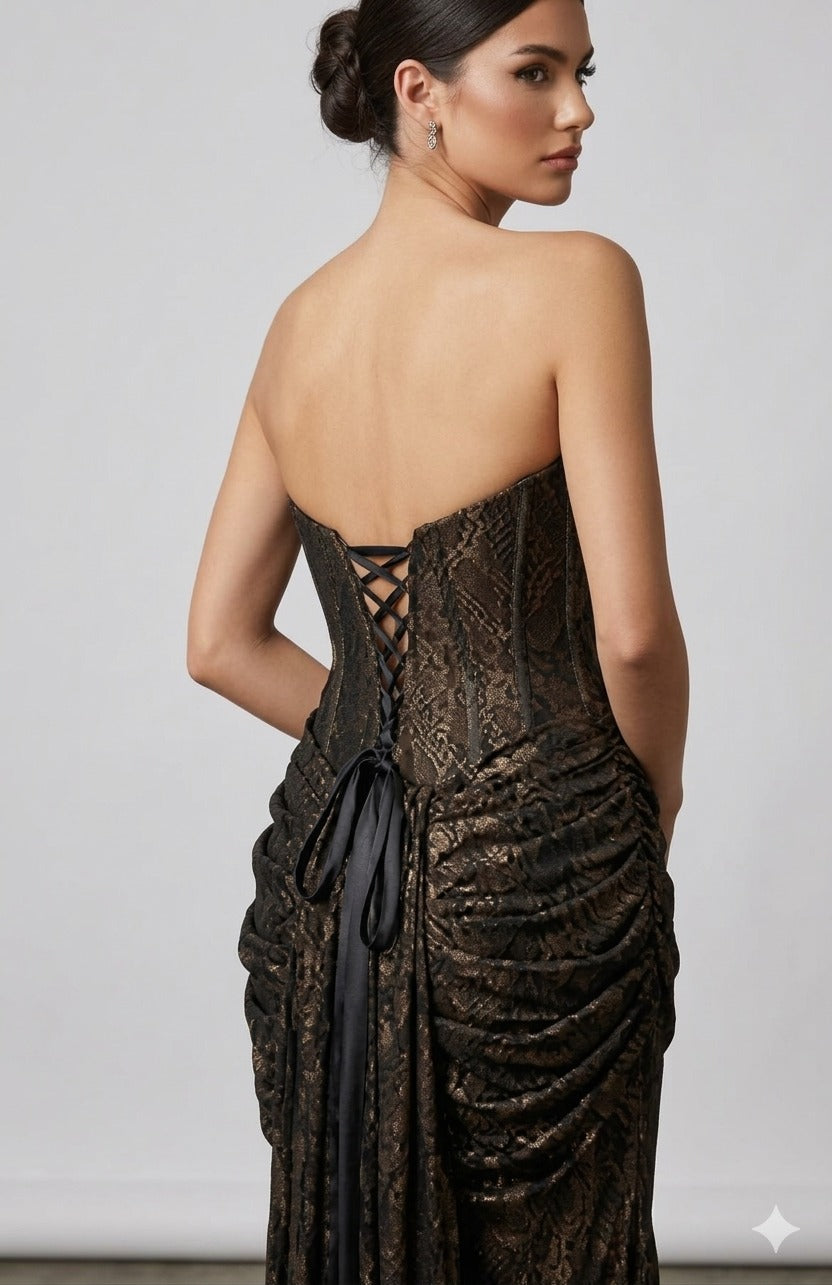 FOR COSTUME Bronz Işıltılı Dantel Korseli Abiye  9892