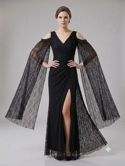 FOR COSTUME Kadın Dantel Detaylı Uzun Kollu Yırtmaçlı Abiye Elbise 0837