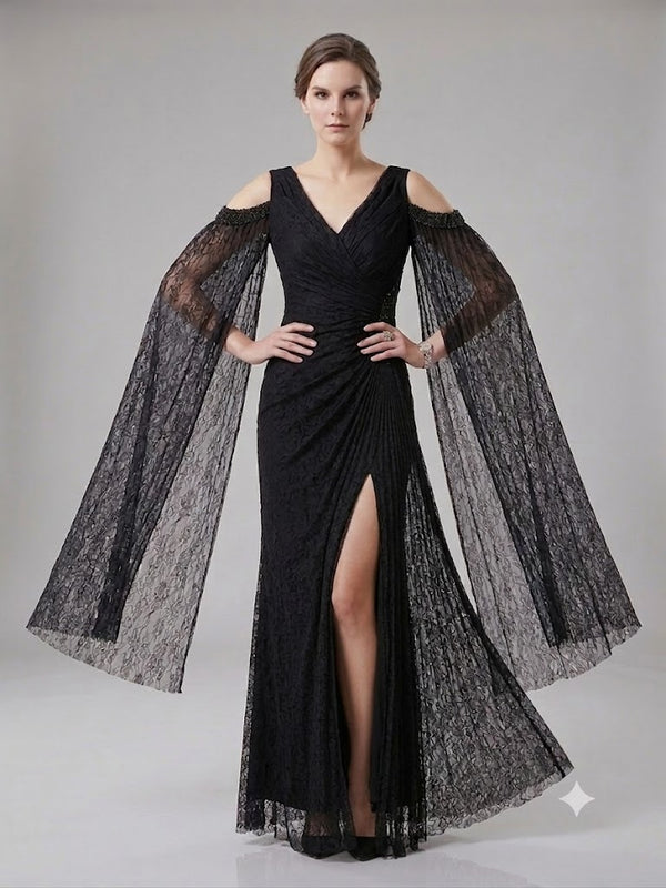 FOR COSTUME Kadın Dantel Detaylı Uzun Kollu Yırtmaçlı Abiye Elbise 0837