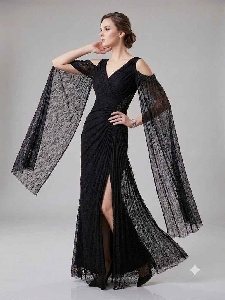FOR COSTUME Kadın Dantel Detaylı Uzun Kollu Yırtmaçlı Abiye Elbise 0837