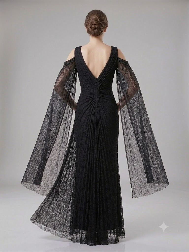 FOR COSTUME Kadın Dantel Detaylı Uzun Kollu Yırtmaçlı Abiye Elbise 0837