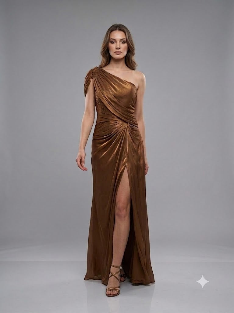 FOR COSTUME Tek Omuz Saten Görünümlü Drape Detaylı Yırtmaçlı Abiye Elbise 10563