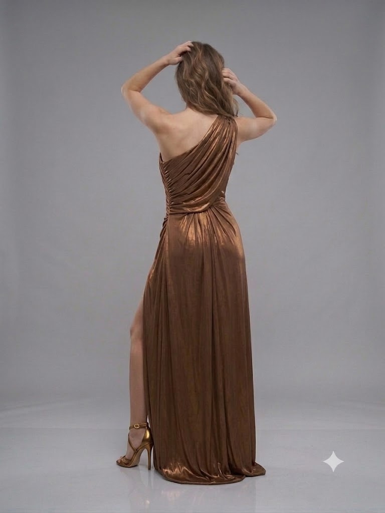 FOR COSTUME Tek Omuz Saten Görünümlü Drape Detaylı Yırtmaçlı Abiye Elbise 10563