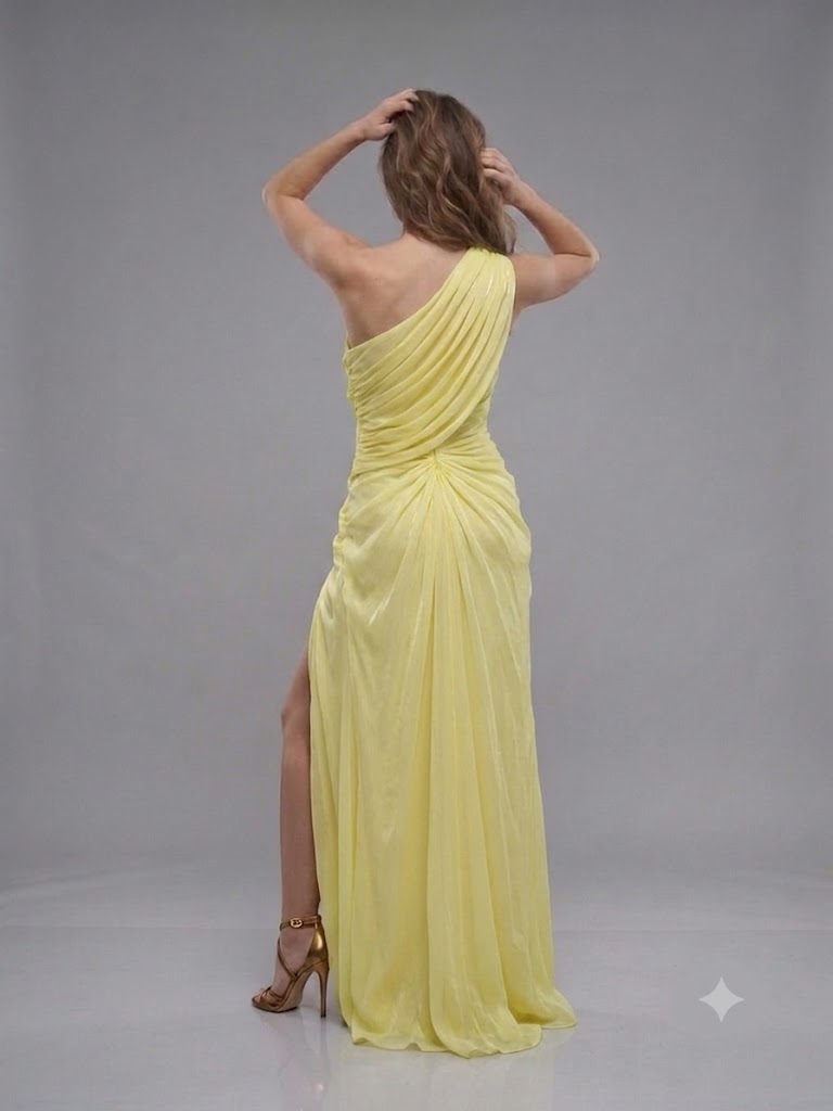 FOR COSTUME Tek Omuz Saten Görünümlü Drape Detaylı Yırtmaçlı Abiye Elbise 10563