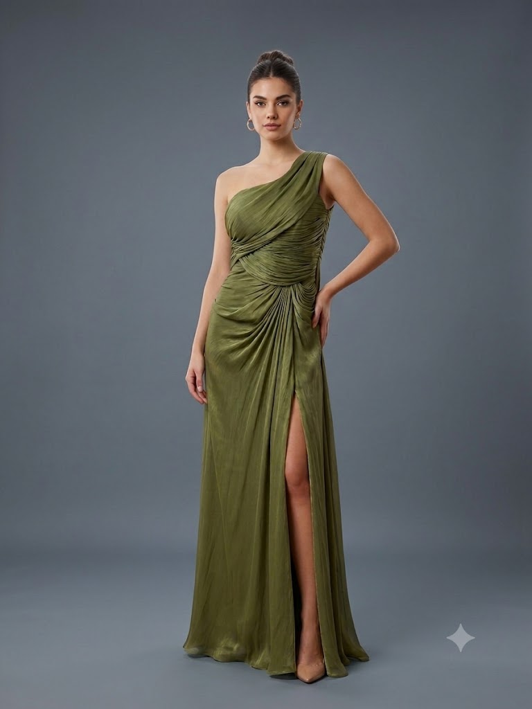 FOR COSTUME Tek Omuz Saten Görünümlü Drape Detaylı Yırtmaçlı Abiye Elbise 10563