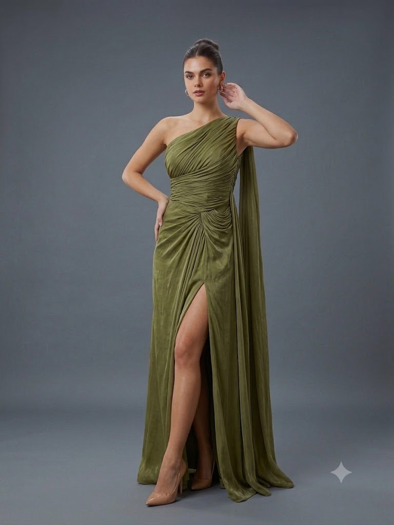 FOR COSTUME Tek Omuz Saten Görünümlü Drape Detaylı Yırtmaçlı Abiye Elbise 10563