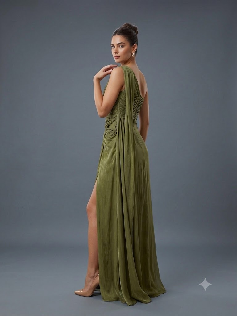 FOR COSTUME Tek Omuz Saten Görünümlü Drape Detaylı Yırtmaçlı Abiye Elbise 10563