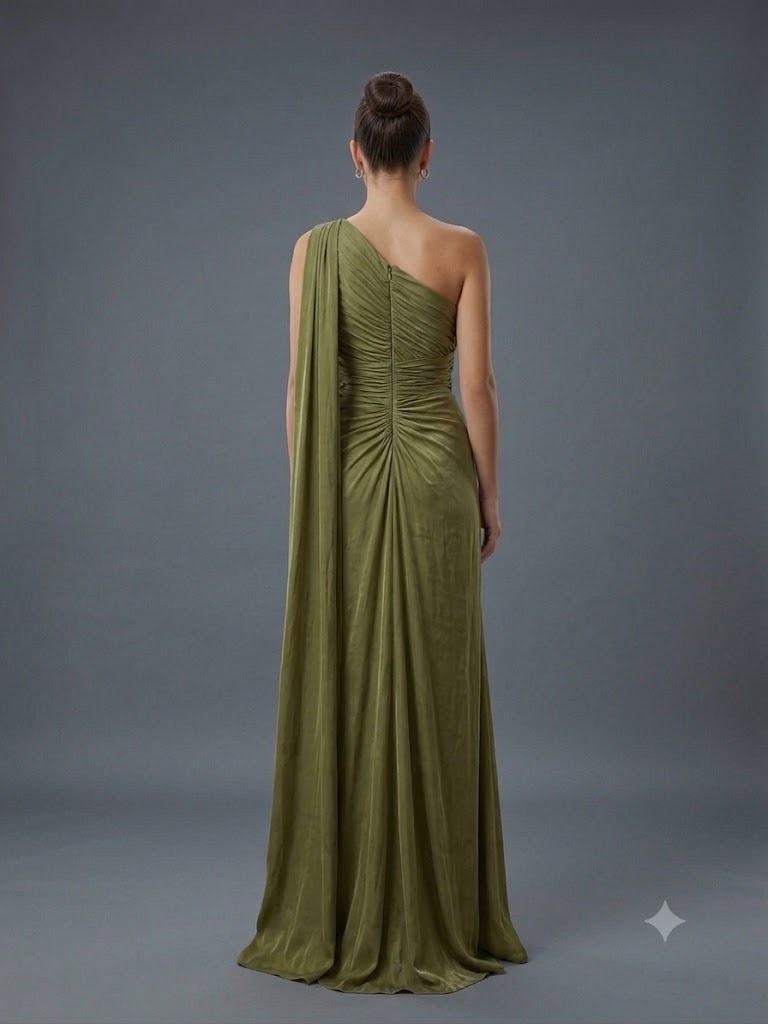FOR COSTUME Tek Omuz Saten Görünümlü Drape Detaylı Yırtmaçlı Abiye Elbise 10563